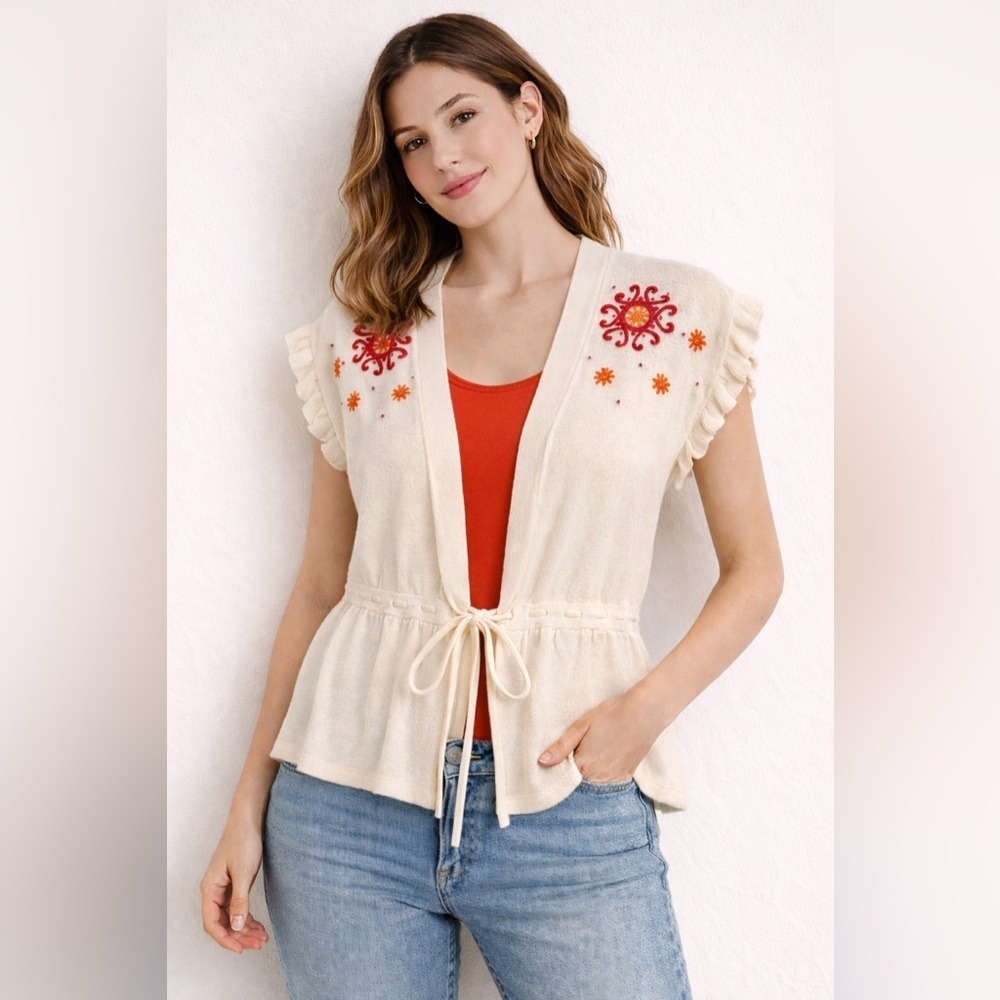 Tommy Hilfiger Embroidered Boho Peplum Vest Cream Size S Festival Cottagecore